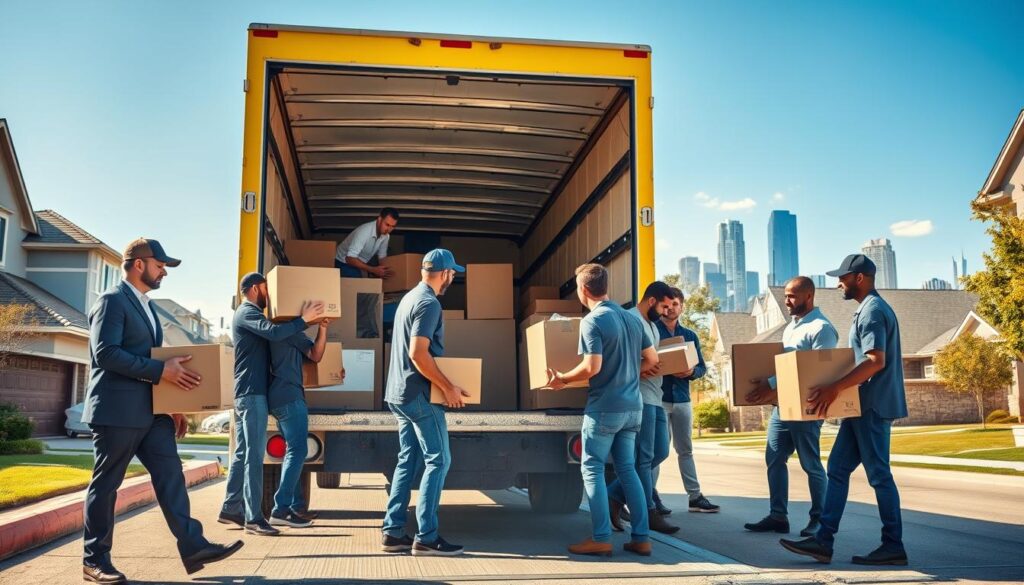 A dedicated long-distance moving team preparing for a big job, set against a backdrop of a sunny Austin neighborhood. In the foreground, professional movers in smart casual attire are loading boxes into a bright, branded moving truck, displaying teamwork and concentration. The middle ground features a diverse group of movers coordinating their efforts, showcasing a sense of camaraderie and support as they carefully handle furniture. In the background, the Austin skyline appears with clear blue skies, symbolizing the journey ahead to Jonestown. The lighting is warm and inviting, with soft shadows casting from the afternoon sun, creating an atmosphere of reliability and trust. The image captures the essence of readiness and professionalism in the moving process, emphasizing the importance of a cohesive team.