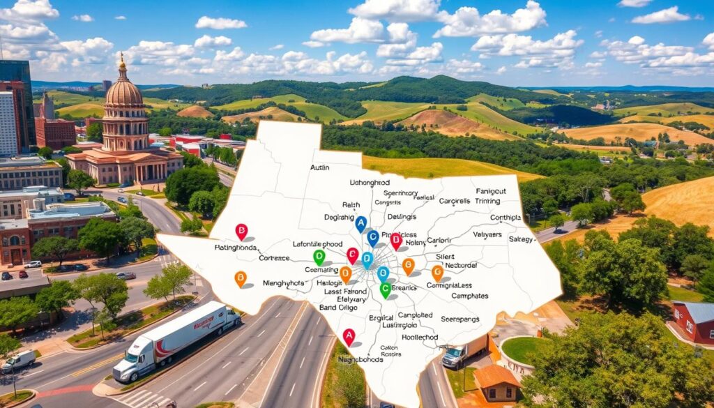 A detailed map showcasing coverage areas from Austin to Rockdale, highlighting various neighborhoods and nearby communities. In the foreground, display iconic Austin landmarks like the Texas State Capitol and vibrant street life, with moving trucks parked strategically. The middle section features a clear delineation of different neighborhoods, using color-coded markers for easy identification. In the background, depict rolling hills and lush greenery typical of the regions between Austin and Rockdale, under a bright blue sky with soft clouds for a serene atmosphere. The image should be captured in bright, natural lighting to convey a sense of trust and reliability, emphasizing a smooth transition from urban Austin to the charming rural landscapes.
