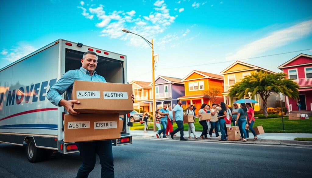 A dynamic scene depicting a moving van on a bustling street in Brownsville, Texas. In the foreground, a professional mover, dressed in a clean uniform, carries boxes labeled with various Austin neighborhoods' names, symbolizing the journey. The middle ground features a diverse group of families unpacking their belongings in a sunny Brownsville community park, with colorful houses in the background representing the local architecture. The sky is a clear blue, casting warm, inviting light over the scene, accentuating a sense of community and transition. Use a wide-angle lens to capture the vibrancy and warmth of the moving experience, evoking a feeling of connection and the joy of new beginnings. The atmosphere is lively and positive, showcasing both the hustle of moving and the excitement of settling into a new place. A dynamic scene depicting a moving van on a bustling street in Brownsville, Texas. In the foreground, a professional mover, dressed in a clean uniform, carries boxes labeled with various Austin neighborhoods' names, symbolizing the journey. The middle ground features a diverse group of families unpacking their belongings in a sunny Brownsville community park, with colorful houses in the background representing the local architecture. The sky is a clear blue, casting warm, inviting light over the scene, accentuating a sense of community and transition. Use a wide-angle lens to capture the vibrancy and warmth of the moving experience, evoking a feeling of connection and the joy of new beginnings. The atmosphere is lively and positive, showcasing both the hustle of moving and the excitement of settling into a new place.