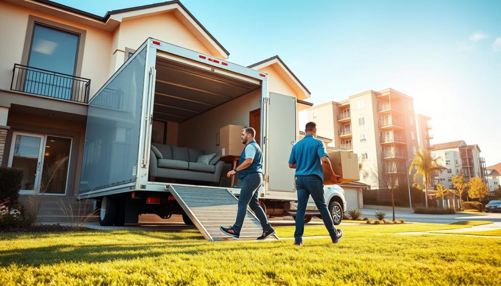 A dynamic scene depicting a professional residential moving service in action, featuring a moving truck parked in front of a modern suburban house. In the foreground, two movers in professional attire are carefully loading furniture, including a couch and boxes, into the truck. The middle ground shows the house's welcoming entrance, with plants and a clean yard, while a nearby condo and apartment building provide context for diverse living arrangements. In the background, a clear blue sky casts warm, natural light, enhancing the vibrant atmosphere of a busy moving day. The image should convey a sense of professionalism, efficiency, and community support, all framed from a slightly low angle to emphasize the action and spaciousness of the scene. A dynamic scene depicting a professional residential moving service in action, featuring a moving truck parked in front of a modern suburban house. In the foreground, two movers in professional attire are carefully loading furniture, including a couch and boxes, into the truck. The middle ground shows the house's welcoming entrance, with plants and a clean yard, while a nearby condo and apartment building provide context for diverse living arrangements. In the background, a clear blue sky casts warm, natural light, enhancing the vibrant atmosphere of a busy moving day. The image should convey a sense of professionalism, efficiency, and community support, all framed from a slightly low angle to emphasize the action and spaciousness of the scene.