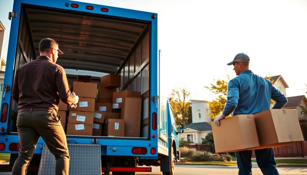 A dynamic scene depicting local movers in Austin, Texas, efficiently loading a bright blue moving truck with carefully packed boxes. In the foreground, two professional movers, dressed in smart work attire, coordinate their efforts, showcasing teamwork and expertise. The middle ground features the back of the truck open, revealing a well-organized interior filled with labeled boxes and furniture, ready for transport. In the background, glimpses of typical Austin architecture and lush greenery hint at the residential area, bathed in warm, golden sunlight suggesting late afternoon. A vibrant, clear sky enhances the positive mood, evoking a sense of trust and reliability in the moving process. The image captures the essence of a smooth, professional residential move from Austin to Onion Creek, focusing on local knowledge and community spirit.