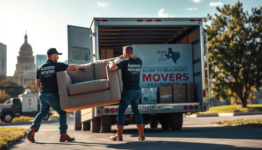 A dynamic scene of professional movers loading furniture into a moving truck, set against a backdrop of Austin's skyline blending into Beaumont’s landscape. The foreground features two movers dressed in branded t-shirts and durable work boots, focused on carefully lifting a large sofa. In the middle ground, a shiny moving truck with the logo "Austin to Beaumont Movers" stands open, revealing packed boxes and bubble-wrapped items. The background showcases the iconic elements of both cities: the Texas Capitol in Austin and trees symbolizing Beaumont’s lush areas. Bright natural lighting casts soft shadows, while the angle captures an energetic and collaborative atmosphere, illustrating the efficiency and professionalism of the moving service.