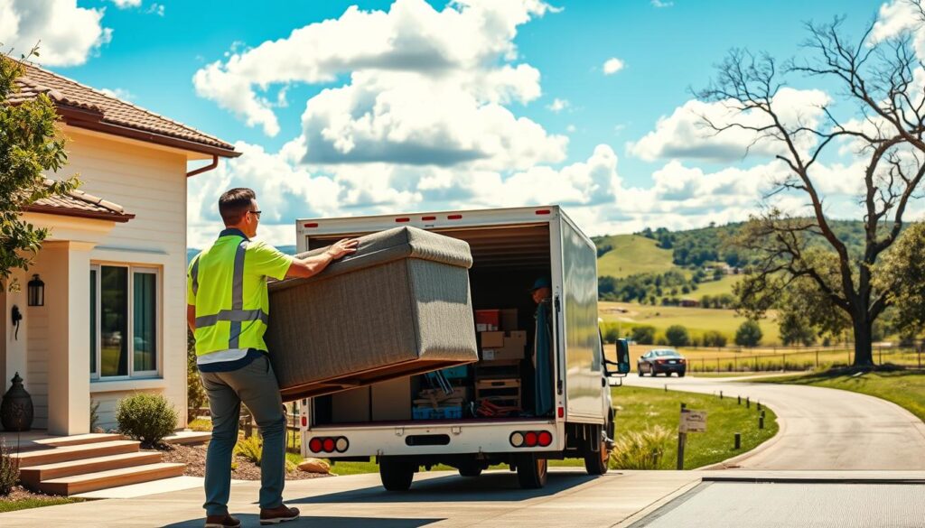 A lively and bustling moving scene depicting professional movers transporting boxes and furniture from a stylish house in Austin to a scenic location in Wimberley. In the foreground, two movers in bright, matching uniforms are carefully lifting a couch, showcasing teamwork and efficiency. In the middle ground, a moving truck is parked with its back doors open, revealing neatly stacked boxes and tools, emphasizing organized service. The backdrop features the beautiful Texas Hill Country, with rolling green hills and a bright blue sky dotted with fluffy clouds, conveying a sense of tranquility and ease. The lighting is warm and inviting, suggesting a clear afternoon. The atmosphere is energetic yet relaxed, illustrating a stress-free moving experience from door to door. A lively and bustling moving scene depicting professional movers transporting boxes and furniture from a stylish house in Austin to a scenic location in Wimberley. In the foreground, two movers in bright, matching uniforms are carefully lifting a couch, showcasing teamwork and efficiency. In the middle ground, a moving truck is parked with its back doors open, revealing neatly stacked boxes and tools, emphasizing organized service. The backdrop features the beautiful Texas Hill Country, with rolling green hills and a bright blue sky dotted with fluffy clouds, conveying a sense of tranquility and ease. The lighting is warm and inviting, suggesting a clear afternoon. The atmosphere is energetic yet relaxed, illustrating a stress-free moving experience from door to door.