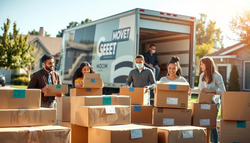 A lively scene depicting a family preparing for their move to Manor, TX. In the foreground, a diverse family of four, dressed in casual, professional attire, is actively packing boxes with various household items. They are surrounded by neatly stacked moving boxes, labels clearly visible. In the middle ground, a moving truck is parked outside a cozy suburban home, showcasing a bright sunny day with soft, natural lighting creating a cheerful atmosphere. In the background, you can see trees and a clear blue sky, emphasizing a serene suburban neighborhood. The overall mood is one of excitement and organization, reflecting a smooth and efficient moving process. The image captures the essence of preparation and teamwork in relocation.