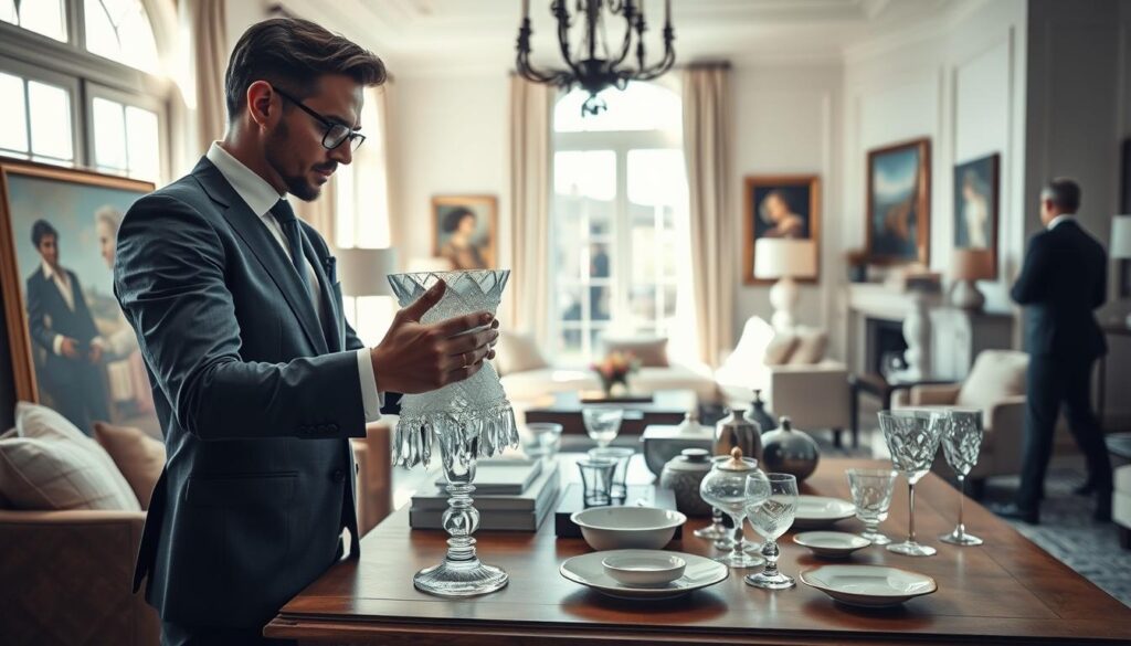 A luxurious packing scene in a well-appointed home environment, showcasing a professional moving team in smart, casual attire. In the foreground, an elegantly dressed mover is carefully wrapping a delicate crystal vase with bubble wrap, exuding attention to detail and care. In the middle ground, various high-end items like paintings, glassware, and fine china are organized on a stylish wooden table, ready for packing. The background features a spacious, sunlit living room with tasteful decor, including soft furniture and upscale art. The mood is calm and meticulous, illuminated by soft, natural light filtering through large windows, creating a warm and inviting atmosphere. The angle captures the action up close, emphasizing the precision and care involved in white-glove packing services.