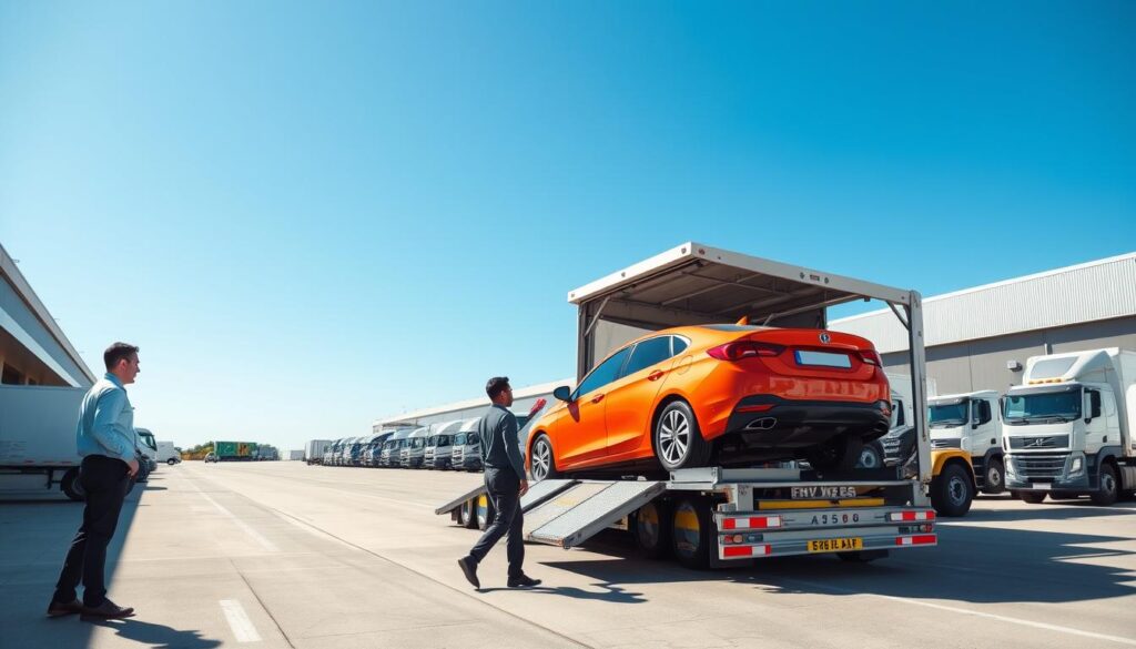 A modern car shipping facility set against a clear blue sky, showcasing a sleek, brightly colored vehicle being loaded onto a professional car carrier. In the foreground, focus on a team of two skillful movers dressed in modest, professional attire, efficiently securing the car for transport. In the middle ground, the car carrier displays multiple cars loaded for shipping to various locations, emphasizing the logistics process. The background features a well-organized shipping yard with neatly parked delivery trucks and equipment, all illuminated by bright, natural sunlight to convey a sense of trust and professionalism. The overall atmosphere reflects reliability and efficiency in car shipping.