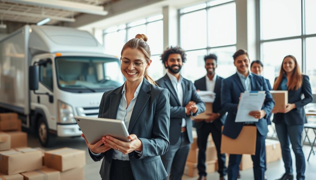 A modern office environment featuring a diverse group of professional movers in business attire, showcasing their efficiency and teamwork. In the foreground, a smiling woman is using a tablet to provide a quote, with a stylish moving truck visible nearby. The middle ground includes a well-organized office space filled with moving supplies like boxes, packing tape, and moving blankets, suggesting a bustling atmosphere. In the background, large windows let in bright, natural light, casting soft shadows and creating a warm, inviting feel. The overall mood is upbeat and professional, emphasizing reliability and prompt service. The angle is slightly elevated, capturing both the movers and the workspace in an engaging composition.