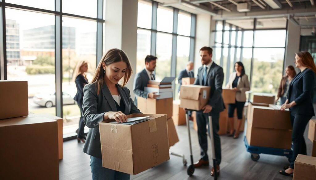 A modern office interior during a relocation process, featuring a busy scene with a diverse group of professionals in business attire, packing and moving boxes. In the foreground, a focused woman is carefully labeling a box, while in the middle, a man is lifting a stack of files onto a dolly. The office has large windows letting in bright, natural light, illuminating the space with a warm atmosphere. In the background, partially visible is a bustling street of Austin transitioning to the greenery of Conroe, symbolizing the move. The perspective captures depth, with a slight focus on the moving activity, evoking a sense of transition and new beginnings. Use a wide-angle lens to enhance the spacious feel. A modern office interior during a relocation process, featuring a busy scene with a diverse group of professionals in business attire, packing and moving boxes. In the foreground, a focused woman is carefully labeling a box, while in the middle, a man is lifting a stack of files onto a dolly. The office has large windows letting in bright, natural light, illuminating the space with a warm atmosphere. In the background, partially visible is a bustling street of Austin transitioning to the greenery of Conroe, symbolizing the move. The perspective captures depth, with a slight focus on the moving activity, evoking a sense of transition and new beginnings. Use a wide-angle lens to enhance the spacious feel.