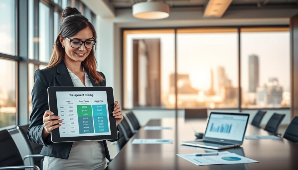 A modern, professional office environment focusing on "transparent pricing" concepts. In the foreground, a well-dressed businesswoman, using a digital tablet, displays a visually appealing chart highlighting clear pricing structures without hidden fees. The middle layer showcases a sleek conference table, with documents and a laptop open, displaying graphs and straightforward pricing options. The background features large windows letting in warm, natural light, with a view of Austin's city skyline. The atmosphere is bright and inviting, emphasizing professionalism and trust. The composition should feel balanced and organized, with a light, airy feel, showcasing clarity and honesty in service offerings. A modern, professional office environment focusing on "transparent pricing" concepts. In the foreground, a well-dressed businesswoman, using a digital tablet, displays a visually appealing chart highlighting clear pricing structures without hidden fees. The middle layer showcases a sleek conference table, with documents and a laptop open, displaying graphs and straightforward pricing options. The background features large windows letting in warm, natural light, with a view of Austin's city skyline. The atmosphere is bright and inviting, emphasizing professionalism and trust. The composition should feel balanced and organized, with a light, airy feel, showcasing clarity and honesty in service offerings.