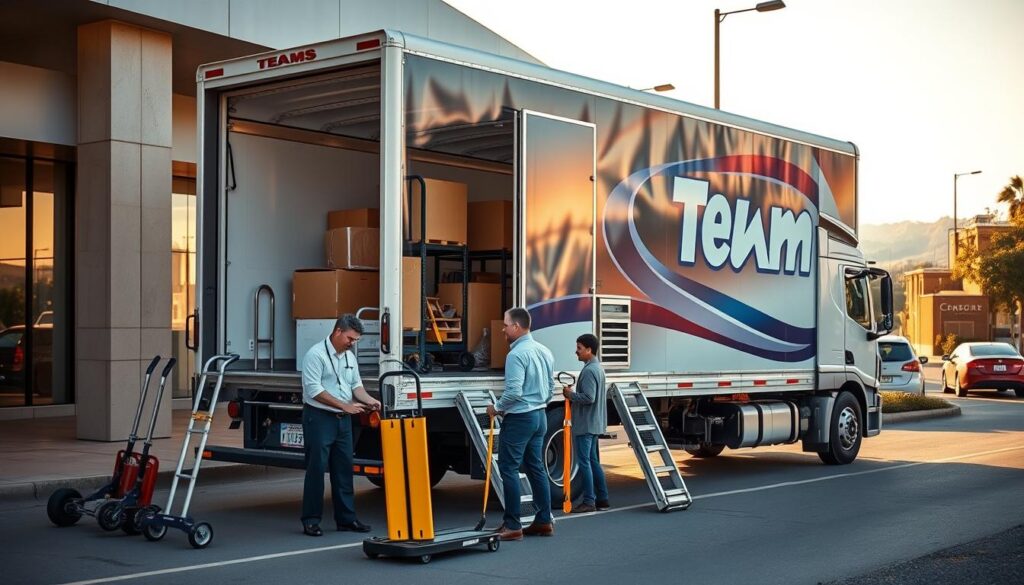 A modern team equipment truck parked in a well-organized loading area, prominently featuring the truck's sleek design with vibrant company colors. In the foreground, a professional moving crew in business attire and modest casual clothing prepares equipment, showcasing sophisticated moving tools like dollies, straps, and packing materials. The middle ground reveals the truck doors open, displaying various well-arranged equipment inside. In the background, a busy street with subtle hints of urban life, such as distant buildings and greenery, sets a dynamic scene. Warm daylight streams in, casting soft shadows that enhance the truck's glossy surface. The atmosphere conveys professionalism, reliability, and readiness for a local move, embodying a sense of teamwork and efficiency.