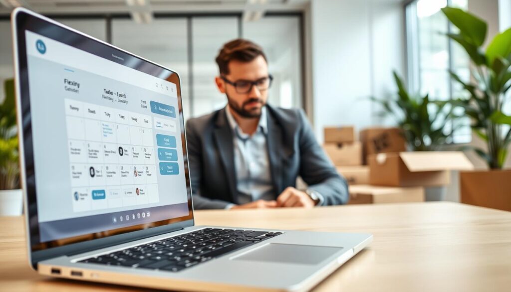 A modern, user-friendly online booking interface for moving services, displayed on a laptop in the foreground. The screen shows an interactive calendar filled with flexible scheduling options, icons indicating real-time updates, and seamless navigation buttons. In the middle, a professional in business casual attire is focused on the laptop, portraying confidence and ease. The background features a bright, airy office environment with plenty of natural light, plants for a welcoming touch, and a glimpse of moving boxes to hint at the moving theme. The mood is upbeat and efficient, illustrating the convenience of online booking for cross-region movers. Capture the scene at a slight angle to emphasize the screen's details and create depth.