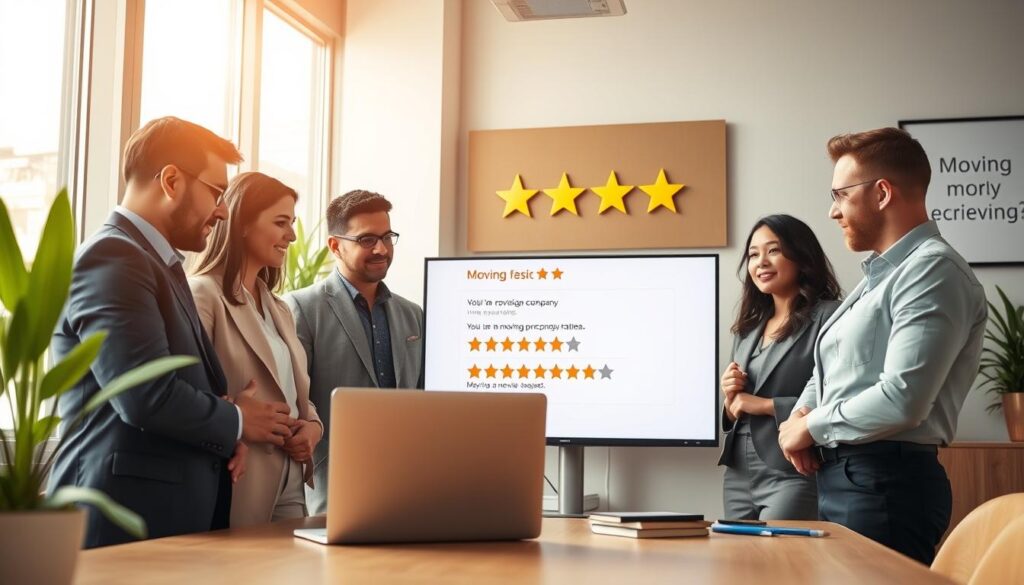A modern, well-lit office space is depicted in the foreground, showcasing a diverse group of professional individuals in business attire, engaged in a discussion. They are reviewing positive moving company testimonials on a sleek laptop. In the middle ground, a large monitor displays glowing ratings and star reviews, emphasizing the reputation of a moving service. The background features a warm, inviting office environment with plants, soft lighting, and a motivational wall art that enhances the professional atmosphere. The sunlight filters through large windows, creating a bright and hopeful mood. The composition uses a slight angle to draw viewers into the collaborative energy of the scene without any text or clutter.