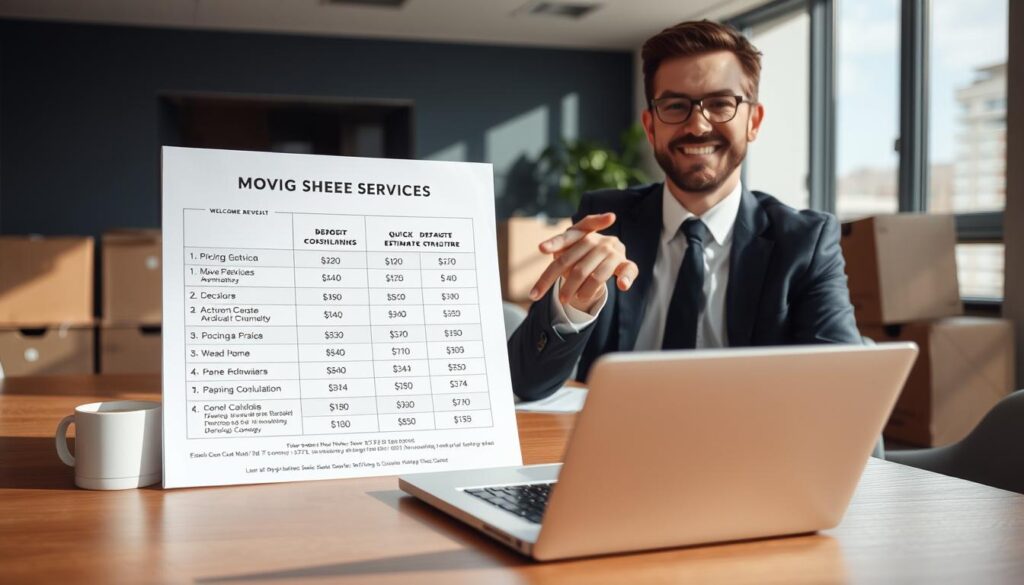 A neatly organized desk with a clear pricing sheet prominently displayed, featuring different moving service packages with transparent numbers and a simple deposit structure. In the foreground, a friendly, professional moving consultant in smart business attire is pointing to the pricing sheet, engaging with a potential customer. In the middle ground, a laptop with an open estimate calculator shows quick quote functionality. The background features an office environment with a large window allowing natural light to flood in, casting soft shadows, and enhancing the professional atmosphere. The mood is welcoming and efficient, showcasing clarity and simplicity in moving services. A neatly organized desk with a clear pricing sheet prominently displayed, featuring different moving service packages with transparent numbers and a simple deposit structure. In the foreground, a friendly, professional moving consultant in smart business attire is pointing to the pricing sheet, engaging with a potential customer. In the middle ground, a laptop with an open estimate calculator shows quick quote functionality. The background features an office environment with a large window allowing natural light to flood in, casting soft shadows, and enhancing the professional atmosphere. The mood is welcoming and efficient, showcasing clarity and simplicity in moving services.
