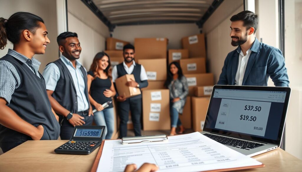 A professional and inviting scene depicting a flat-rate pricing structure for moving services. In the foreground, a diverse group of two movers in smart uniforms, engaged in a friendly discussion with a family, showcasing trust and transparency. The middle layer features an open clipboard with neatly arranged documents detailing pricing options, accompanied by a calculator and a laptop displaying a price breakdown. In the background, a well-organized moving truck surrounded by boxes labeled with varying prices reflects a flat-rate concept. The scene is bright and well-lit, using natural light to create a warm atmosphere, capturing the essence of a trustworthy moving service. The camera angle is slightly above eye level, providing a clear view of the interaction and environment.