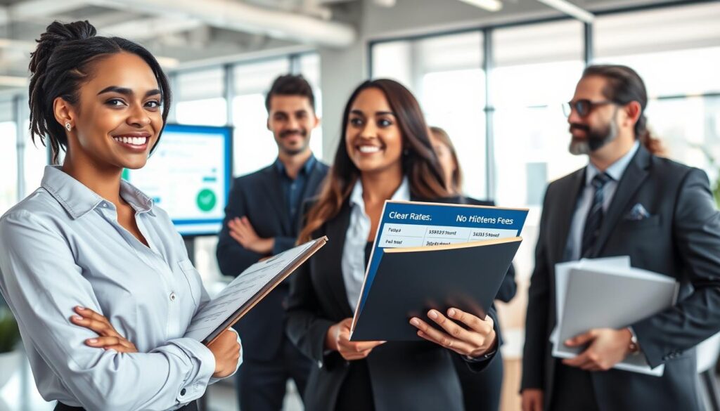 A professional, modern office environment showcasing a team of diverse movers in business attire discussing clear, transparent pricing options. In the foreground, a confident woman holds a clipboard with visual representations of rates, emphasizing "Clear Rates, No Hidden Fees". The middle ground features a digital screen displaying an interactive quote tool, illustrating efficiency and speed. In the background, a bright, well-lit office with large windows allows natural light to stream in, creating an open and inviting atmosphere. The mood is professional yet approachable, highlighting trust and clarity in long-distance moving services. The angle is slightly elevated, capturing the dynamic interaction in the workspace.
