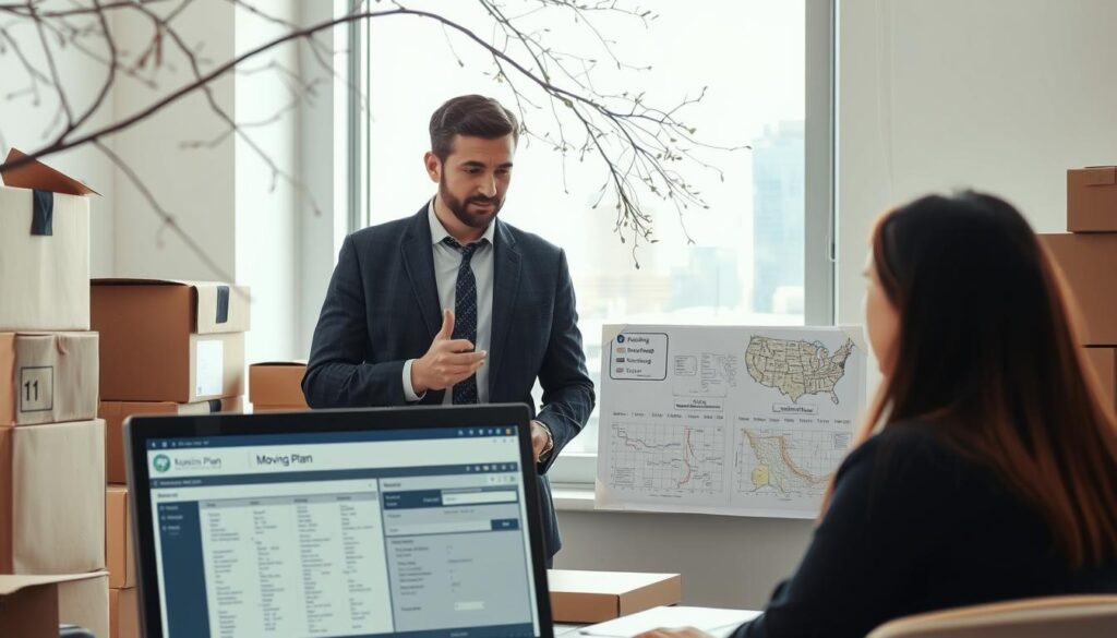 A professional move coordinator in an office setting, surrounded by moving supplies like boxes and packing materials. The coordinator, a focused individual in business attire, is discussing logistics with a customer, who looks attentive and engaged. In the foreground, a computer with a logistics software interface is visible, showcasing a detailed moving plan. In the middle ground, there are maps and timelines pinned on a bulletin board, emphasizing the planning process. In the background, a window reveals a view of Austin's skyline, partially obscured by branches of a tree. Bright, natural lighting filters through the window, creating a warm and inviting atmosphere. The overall mood conveys professionalism, organization, and clarity in the moving process. A professional move coordinator in an office setting, surrounded by moving supplies like boxes and packing materials. The coordinator, a focused individual in business attire, is discussing logistics with a customer, who looks attentive and engaged. In the foreground, a computer with a logistics software interface is visible, showcasing a detailed moving plan. In the middle ground, there are maps and timelines pinned on a bulletin board, emphasizing the planning process. In the background, a window reveals a view of Austin's skyline, partially obscured by branches of a tree. Bright, natural lighting filters through the window, creating a warm and inviting atmosphere. The overall mood conveys professionalism, organization, and clarity in the moving process.