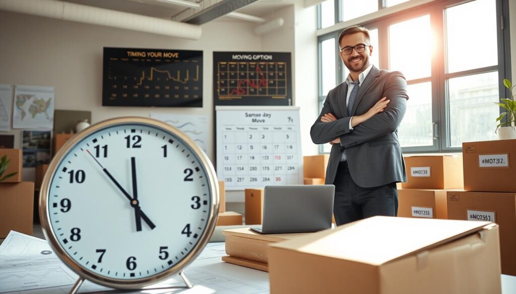 A professional moving consultant, dressed in business attire, stands confidently in a bright, modern office setting filled with moving plans and charts. In the foreground, a large clock symbolizes "timing your move," its hands indicating the importance of smart scheduling. In the middle ground, a digital calendar and a laptop display data on same-day moving options, surrounded by neatly arranged boxes labeled for easy identification. The background features large windows with sunlight streaming in, casting a warm glow over the scene, suggesting a productive atmosphere. The overall mood is focused and optimistic, emphasizing the strategic aspects of planning a move. The angle is slightly elevated to capture the office layout and emphasize the consultant's engagement with the moving process.