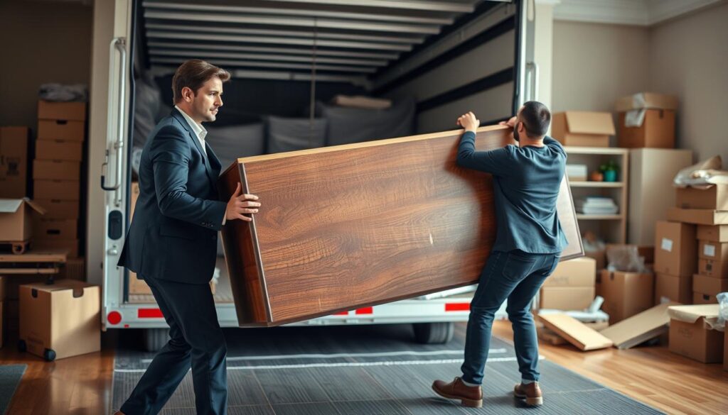 A professional moving crew carefully handling a large, heavy item, such as a grand piano or a hefty sectional sofa. In the foreground, a strong individual in business attire is guiding the item with focused determination, while a partner supports from the opposite side, showcasing teamwork. The middle ground features a moving truck with equipment like dolly carts and wrapping materials visible. The background includes a residential space that's being moved out of, with packing boxes stacked neatly and household items arranged thoughtfully. Soft, natural lighting illuminates the scene, creating a warm, professional atmosphere, with a slight depth of field that keeps the focus on the movers and their heavy load. A professional moving crew carefully handling a large, heavy item, such as a grand piano or a hefty sectional sofa. In the foreground, a strong individual in business attire is guiding the item with focused determination, while a partner supports from the opposite side, showcasing teamwork. The middle ground features a moving truck with equipment like dolly carts and wrapping materials visible. The background includes a residential space that's being moved out of, with packing boxes stacked neatly and household items arranged thoughtfully. Soft, natural lighting illuminates the scene, creating a warm, professional atmosphere, with a slight depth of field that keeps the focus on the movers and their heavy load.