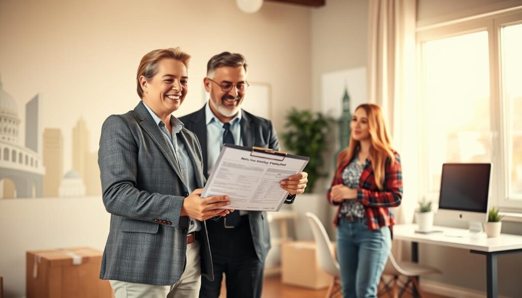 A professional moving estimate scene depicting a cheerful homeowner and a friendly moving consultant engaged in discussion, positioned in the foreground. The consultant, dressed in a smart business outfit, holds a clipboard with detailed moving costs, while the homeowner, in comfortable casual attire, reviews the document with interest. In the middle ground, a smooth, well-organized office space reflects professionalism, featuring a desk with a computer, a potted plant, and bright natural light streaming through a window. In the background, graphics of Austin and Pasadena landmarks subtly faded in a soft-focus, creating a vibrant but unobtrusive atmosphere. The overall mood is uplifting and informative, with warm lighting emphasizing a sense of trust and readiness. The angle captures the interaction and the welcoming environment effectively. A professional moving estimate scene depicting a cheerful homeowner and a friendly moving consultant engaged in discussion, positioned in the foreground. The consultant, dressed in a smart business outfit, holds a clipboard with detailed moving costs, while the homeowner, in comfortable casual attire, reviews the document with interest. In the middle ground, a smooth, well-organized office space reflects professionalism, featuring a desk with a computer, a potted plant, and bright natural light streaming through a window. In the background, graphics of Austin and Pasadena landmarks subtly faded in a soft-focus, creating a vibrant but unobtrusive atmosphere. The overall mood is uplifting and informative, with warm lighting emphasizing a sense of trust and readiness. The angle captures the interaction and the welcoming environment effectively.