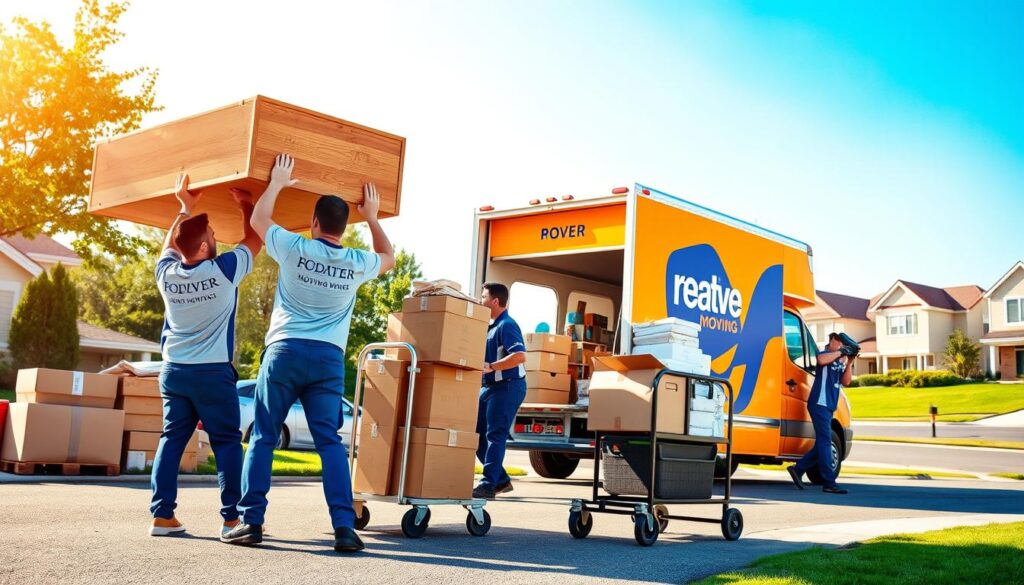 A professional moving service in action, showcasing a busy team of movers in branded uniforms. In the foreground, two movers are carefully lifting a large wooden furniture piece, using proper lifting techniques, while a third mover manages a cart with neatly stacked boxes. In the middle ground, a brightly colored moving truck with the company's logo is parked nearby, surrounded by neatly organized moving supplies. The background features a suburban neighborhood with green lawns and a clear blue sky, indicating a sunny day with soft, warm lighting. Capture the atmosphere of reliability and efficiency, with a focus on teamwork and professionalism, using a straightforward perspective that emphasizes action. No text overlays or watermarks should be included. A professional moving service in action, showcasing a busy team of movers in branded uniforms. In the foreground, two movers are carefully lifting a large wooden furniture piece, using proper lifting techniques, while a third mover manages a cart with neatly stacked boxes. In the middle ground, a brightly colored moving truck with the company's logo is parked nearby, surrounded by neatly organized moving supplies. The background features a suburban neighborhood with green lawns and a clear blue sky, indicating a sunny day with soft, warm lighting. Capture the atmosphere of reliability and efficiency, with a focus on teamwork and professionalism, using a straightforward perspective that emphasizes action. No text overlays or watermarks should be included.