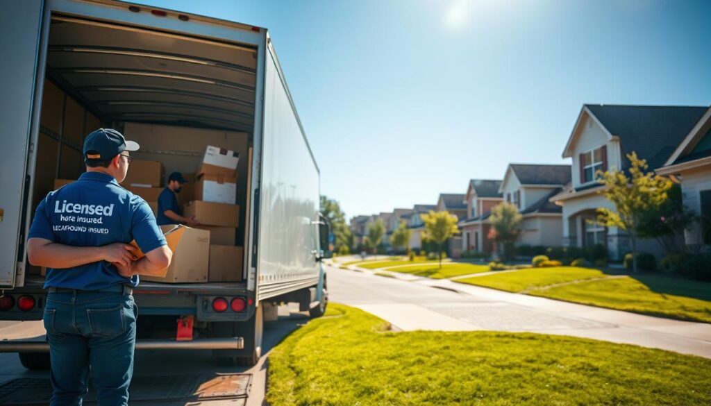 A professional moving team in Cedar Park, Texas, busy loading a moving truck with boxes and furniture, showcasing a sense of trust and reliability. In the foreground, two movers in professional attire, labeled as "licensed" and “insured,” are carefully handling items with a clipboard visible, indicating background-checked professionalism. In the middle ground, the moving truck is parked against a backdrop of a serene suburban neighborhood with manicured lawns and well-kept homes under clear blue skies. Soft, natural lighting highlights the scene, with a slight lens flare effect to evoke a warm, inviting atmosphere. The overall mood conveys safety, trust, and a stress-free moving experience, emphasizing reliability and professionalism in local moving services. A professional moving team in Cedar Park, Texas, busy loading a moving truck with boxes and furniture, showcasing a sense of trust and reliability. In the foreground, two movers in professional attire, labeled as "licensed" and “insured,” are carefully handling items with a clipboard visible, indicating background-checked professionalism. In the middle ground, the moving truck is parked against a backdrop of a serene suburban neighborhood with manicured lawns and well-kept homes under clear blue skies. Soft, natural lighting highlights the scene, with a slight lens flare effect to evoke a warm, inviting atmosphere. The overall mood conveys safety, trust, and a stress-free moving experience, emphasizing reliability and professionalism in local moving services.