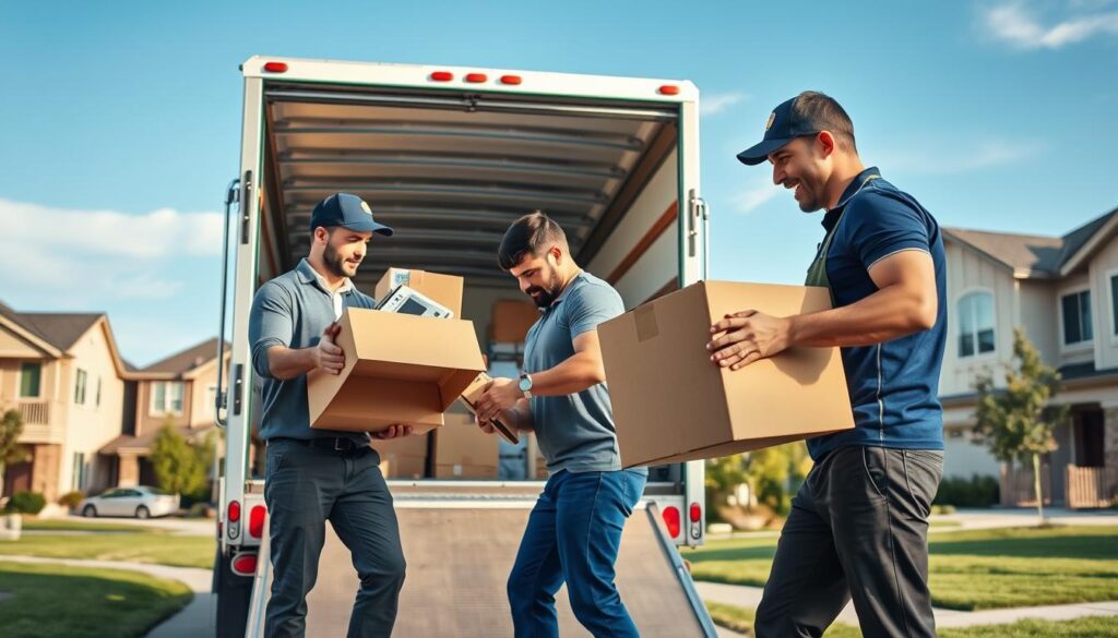 A professional moving team in action, showcasing full-service relocation options for both homes and offices. In the foreground, two movers dressed in professional attire, carefully packing a large box with household items and office supplies. The middle ground features a moving truck, spacious and well-organized, with its rear door open, revealing more packing materials and equipment. In the background, a suburban Austin neighborhood, depicting a blend of modern homes and offices, under a clear blue sky, with soft, natural lighting creating an inviting and dynamic atmosphere. The scene conveys efficiency, reliability, and professionalism, reflecting the ideal experience of a full-service moving company.