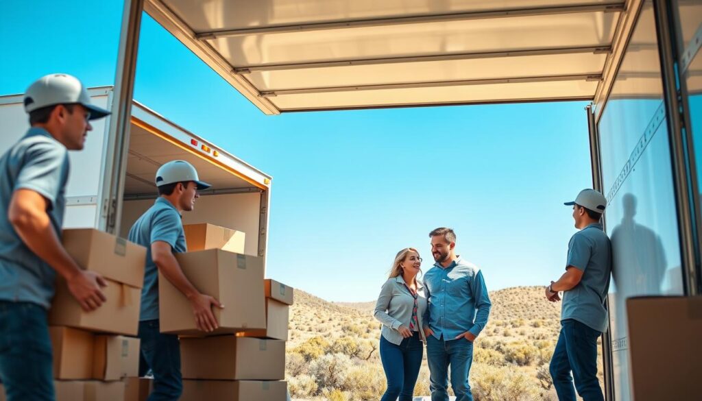 A professional moving team in the foreground, wearing matching uniforms and packing boxes into a sleek moving truck, showcasing teamwork and efficiency. In the middle ground, a couple is assessing their neatly organized items, looking relieved and satisfied with the moving process. The background features a sunny day with a clear blue sky, highlighting an iconic Texas landscape with rolling hills and scrub brush, symbolizing the journey from Austin to San Antonio. The lighting is bright and cheerful, creating a positive atmosphere. Capture the scene with a slightly elevated angle to emphasize the action of moving while keeping the focus on the teamwork and organization involved in long-distance relocation.