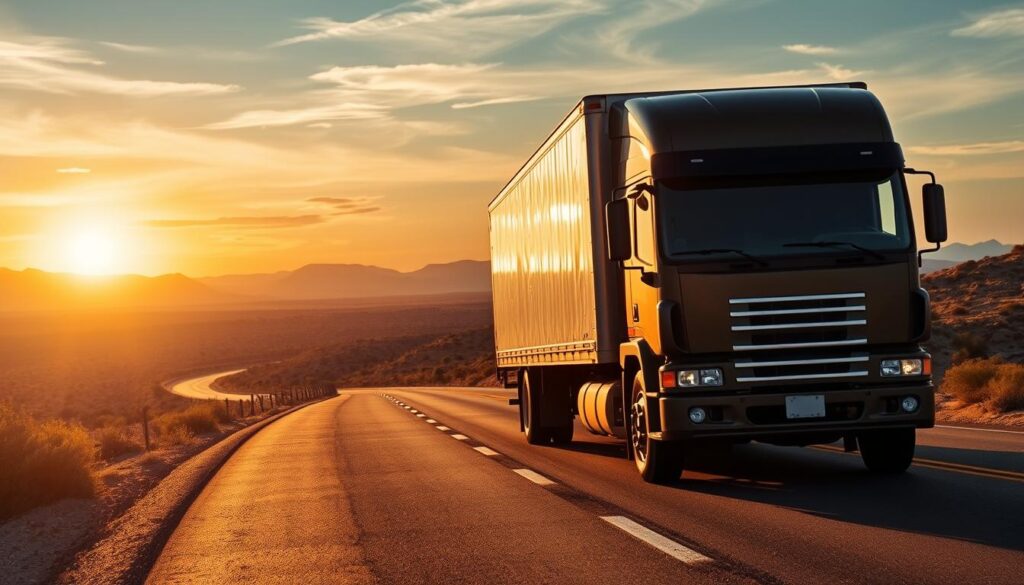 A professional moving truck on a scenic highway stretching from Austin to El Paso, symbolizing route expertise and reliability. In the foreground, the truck is adorned with the logo of a moving company, showcasing its sturdy design and well-maintained appearance. The middle ground features a winding road lined with desert vegetation and distant mountains, suggesting the journey ahead. In the background, the sky is painted with warm hues of orange and blue, reflecting a late afternoon sun that casts long shadows and creates a golden glow. The atmosphere is calm yet purposeful, conveying a sense of trust and efficiency associated with long-distance moving. Use a wide-angle lens perspective to emphasize the vastness of the route, ensuring the composition feels expansive and open. A professional moving truck on a scenic highway stretching from Austin to El Paso, symbolizing route expertise and reliability. In the foreground, the truck is adorned with the logo of a moving company, showcasing its sturdy design and well-maintained appearance. The middle ground features a winding road lined with desert vegetation and distant mountains, suggesting the journey ahead. In the background, the sky is painted with warm hues of orange and blue, reflecting a late afternoon sun that casts long shadows and creates a golden glow. The atmosphere is calm yet purposeful, conveying a sense of trust and efficiency associated with long-distance moving. Use a wide-angle lens perspective to emphasize the vastness of the route, ensuring the composition feels expansive and open.