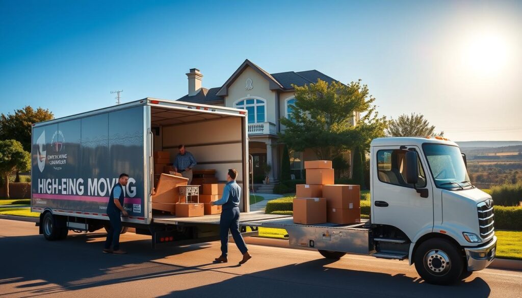 A professional moving truck parked in front of a beautiful, upscale home in West Lake Hills, Texas, capturing the essence of high-end moving service. In the foreground, a friendly, dressed-in-business-casual attire moving crew carefully handles high-end furniture and boxes, showcasing expertise and care. The middle ground features an elegant house with lush greenery and manicured lawns, typical of the affluent neighborhood. In the background, the beautiful Texas Hill Country sprawls under a clear blue sky, with bright sunlight illuminating the scene. The image conveys a sense of professionalism, reliability, and warmth, ideal for a high-end moving service article. Use a wide-angle lens to capture the entire scene from a slightly elevated angle, enhancing the spaciousness and beauty of the location.