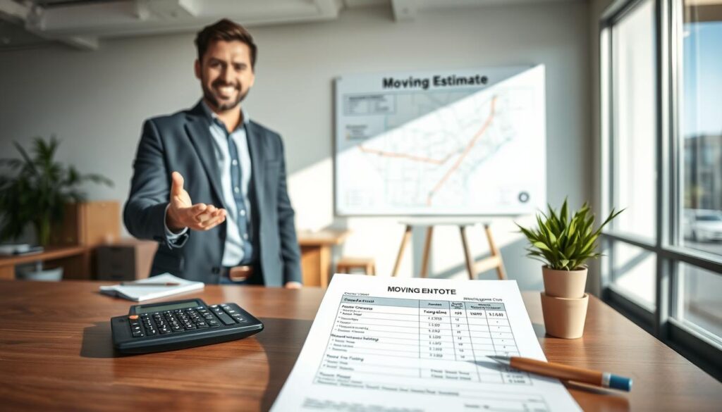 A professional office setting focuses on a custom moving estimate. In the foreground, a clean desk with a neatly organized moving quote document, featuring itemized costs and transparent pricing, accompanied by a calculator, pen, and a potted plant for a touch of life. In the middle, a confident moving consultant in smart casual attire gestures towards a wall-mounted board displaying a map of Austin to Copperas Cove with routing lines. The background features a bright, well-lit office space with large windows allowing natural light to flood in, casting soft shadows. The atmosphere is friendly and professional, conveying trust and reliability, with a depth of field effect to highlight the foreground details while gently blurring the background. A professional office setting focuses on a custom moving estimate. In the foreground, a clean desk with a neatly organized moving quote document, featuring itemized costs and transparent pricing, accompanied by a calculator, pen, and a potted plant for a touch of life. In the middle, a confident moving consultant in smart casual attire gestures towards a wall-mounted board displaying a map of Austin to Copperas Cove with routing lines. The background features a bright, well-lit office space with large windows allowing natural light to flood in, casting soft shadows. The atmosphere is friendly and professional, conveying trust and reliability, with a depth of field effect to highlight the foreground details while gently blurring the background.