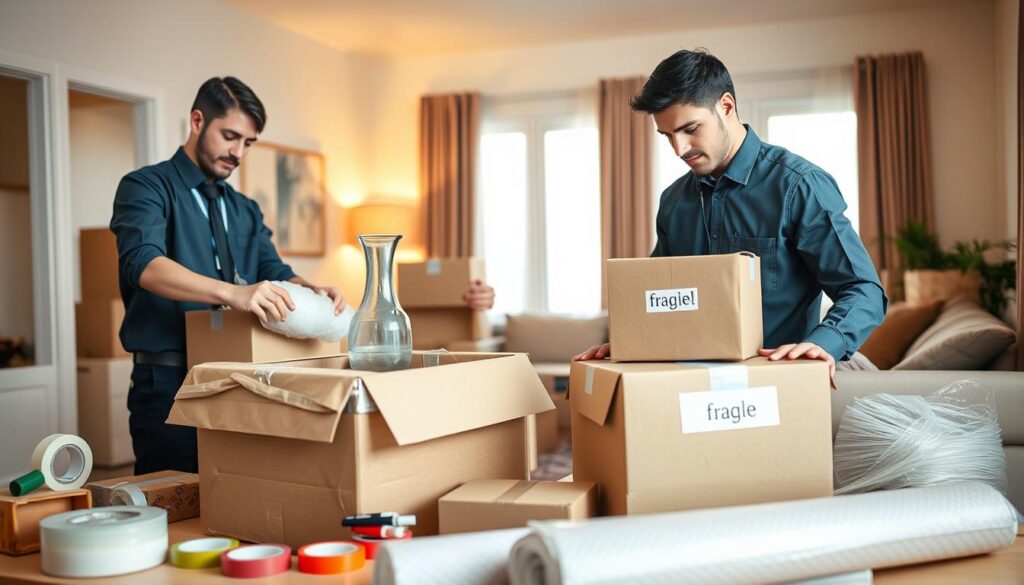 A professional packing service in action, featuring two movers in smart uniforms carefully packing household items into sturdy boxes. In the foreground, a neatly organized work area includes packing supplies like bubble wrap, tape, and markers. The middle ground showcases one mover expertly wrapping a fragile vase, emphasizing attention to detail and care, while the other stacks boxes labeled "fragile." In the background, a brightly lit, modern living room is partially seen, with furniture arranged for the move. The lighting is warm and inviting, highlighting the professionalism of the movers and the quality of their service. The atmosphere conveys reliability and efficiency, making the viewer feel assured in the packing process.