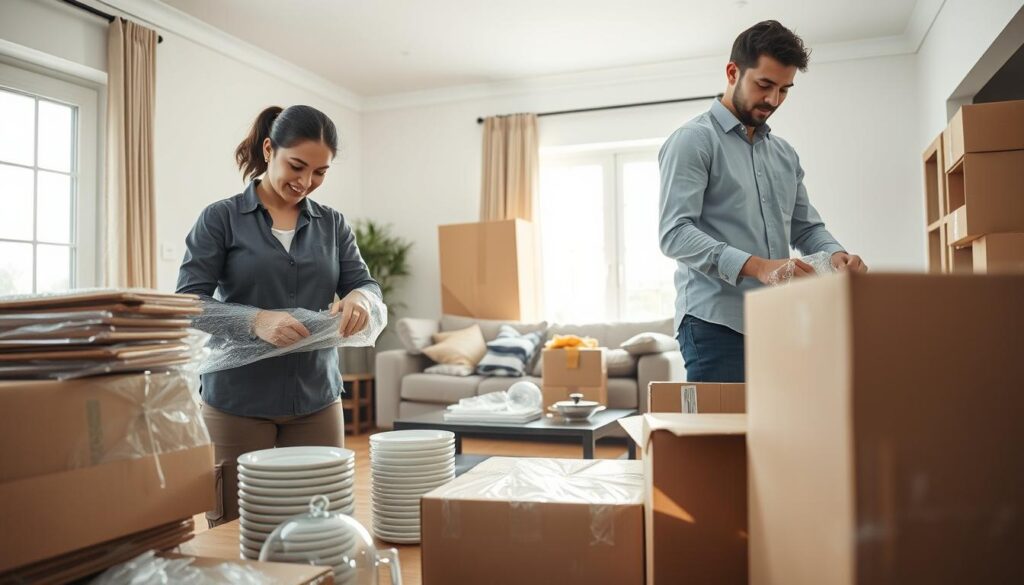 A professional packing service scene in a well-lit living room, showcasing a team of two individuals in modest, professional attire. In the foreground, they are meticulously wrapping fragile items such as dishes and glassware in bubble wrap, with moving boxes stacked nearby. In the middle, the room is partially staged for a move, featuring a couch and a coffee table cluttered with packed boxes and packing materials. The background reveals a bright window letting in natural sunlight, creating a warm and inviting atmosphere. The camera angle captures the detail of the packing process, focusing on the teamwork and efficiency of the movers. The overall mood is industrious yet calm, emphasizing the importance of careful handling during the moving process.