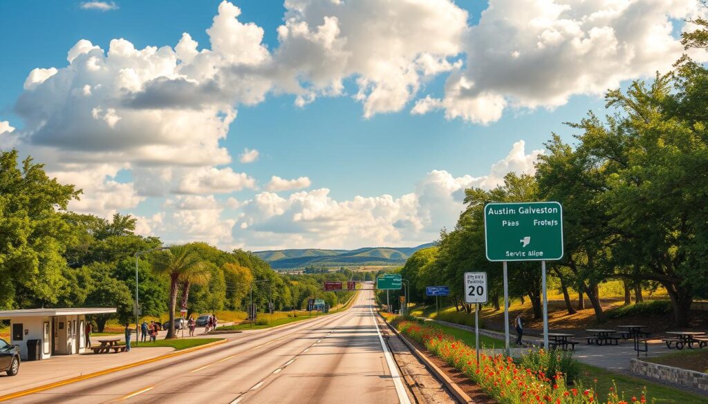 A scenic landscape along the Austin to Galveston route, featuring a well-maintained highway lined with vibrant green trees and colorful wildflowers. In the foreground, a stylish service area with clean restrooms, picnic tables, and shade structures is visible, bustling with families and travelers enjoying their break. The middle ground includes signposts indicating nearby attractions and local eateries, set against the backdrop of a serene blue sky with fluffy, white clouds. In the background, the distant silhouette of rolling hills captures the essence of Texas, bathed in warm, golden sunlight, creating a cheerful and inviting atmosphere. The image should be bright and lively, ideal for conveying the journey's charm and comfort, captured in a dynamic angle to emphasize depth and perspective. A scenic landscape along the Austin to Galveston route, featuring a well-maintained highway lined with vibrant green trees and colorful wildflowers. In the foreground, a stylish service area with clean restrooms, picnic tables, and shade structures is visible, bustling with families and travelers enjoying their break. The middle ground includes signposts indicating nearby attractions and local eateries, set against the backdrop of a serene blue sky with fluffy, white clouds. In the background, the distant silhouette of rolling hills captures the essence of Texas, bathed in warm, golden sunlight, creating a cheerful and inviting atmosphere. The image should be bright and lively, ideal for conveying the journey's charm and comfort, captured in a dynamic angle to emphasize depth and perspective.