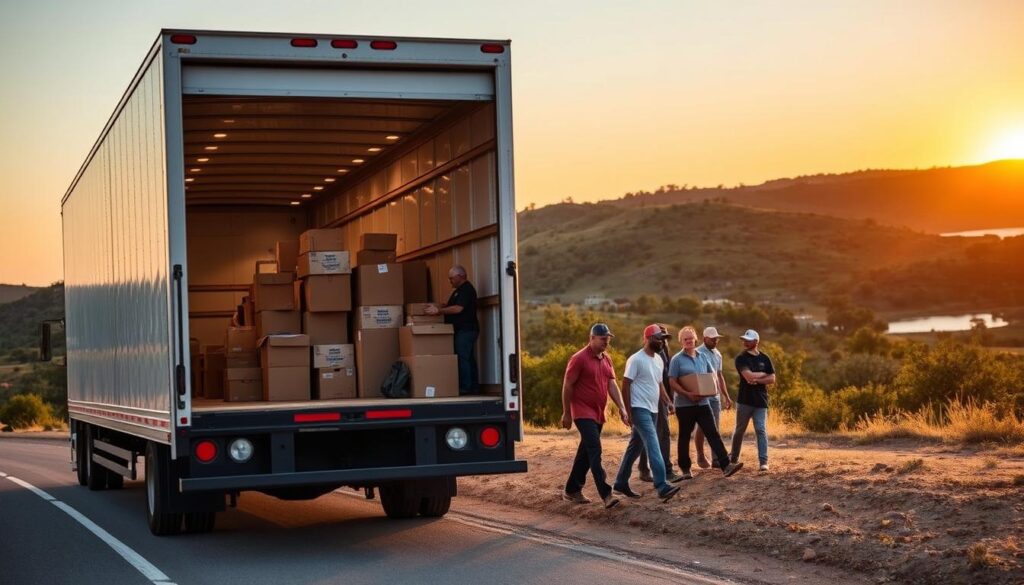 A scenic view of a long-distance moving truck parked beside a picturesque Texas landscape, representing a move from Austin to Steiner Ranch. In the foreground, the truck is prominently displayed with an open back revealing neatly packed boxes and furniture, showcasing organization. In the middle, a diverse group of movers, dressed in professional attire, are carefully loading the truck under the warm golden hour light, conveying a sense of teamwork and efficiency. The background features rolling hills of Steiner Ranch, with lush greenery and a glimpse of Lake Travis sparkling in the distance. The atmosphere is calm yet dynamic, highlighting the simplicity and reliability of long-distance moving. Capture this scene with a slightly elevated angle, focusing on the movers in action, against a beautifully lit Texas sunset. A scenic view of a long-distance moving truck parked beside a picturesque Texas landscape, representing a move from Austin to Steiner Ranch. In the foreground, the truck is prominently displayed with an open back revealing neatly packed boxes and furniture, showcasing organization. In the middle, a diverse group of movers, dressed in professional attire, are carefully loading the truck under the warm golden hour light, conveying a sense of teamwork and efficiency. The background features rolling hills of Steiner Ranch, with lush greenery and a glimpse of Lake Travis sparkling in the distance. The atmosphere is calm yet dynamic, highlighting the simplicity and reliability of long-distance moving. Capture this scene with a slightly elevated angle, focusing on the movers in action, against a beautifully lit Texas sunset.
