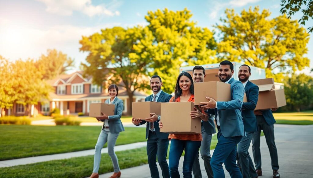 A serene and uplifting scene depicting a professional moving team facilitating a smooth relocation from Austin to Temple. In the foreground, a diverse group of movers in professional business attire shows teamwork, carefully handling boxes and furniture with smiles, exuding trust and expertise. In the middle ground, a bright, modern moving truck is parked beside a picturesque suburban home, emphasizing reliability and care during the moving process. In the background, lush green trees and a clear blue sky create a heavenly atmosphere, illuminated by warm sunlight, highlighting the ease and joy of the relocation experience. The image should evoke feelings of calmness and assurance, capturing the essence of a seamless move.