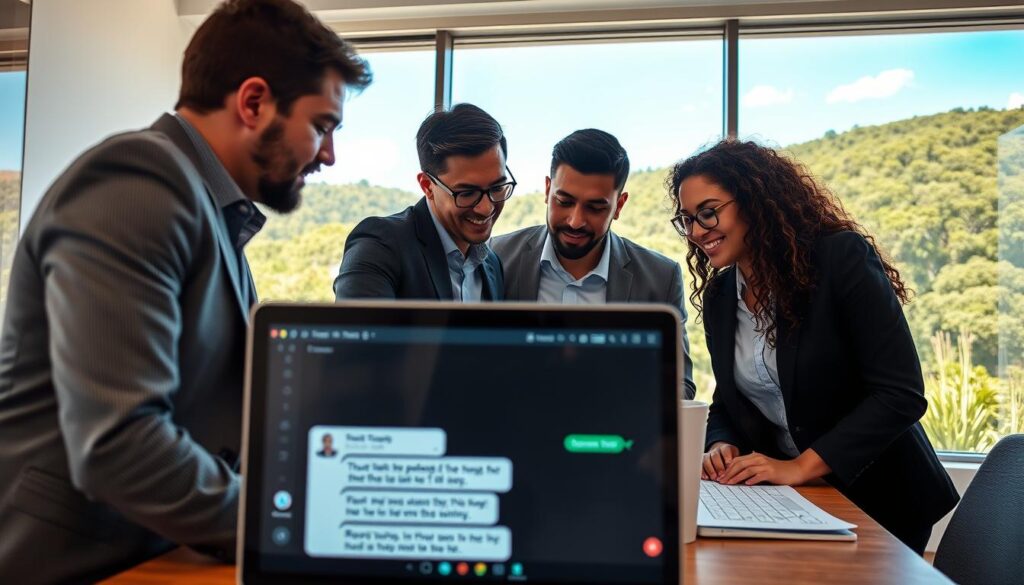 A serene office environment showcasing a diverse group of three professionals in business attire engaged in a focused discussion over a computer screen. In the foreground, a laptop displays a live messaging application with real-time updates visible on the screen, indicating trust and open communication. In the middle, the team leans in, expressing collaboration and attentiveness, with palpable expressions of confidence and understanding. In the background, a large window reveals a lush Hill Country landscape, vibrant with greenery and a bright blue sky, symbolizing the region's natural beauty and reliability. Soft, natural lighting bathes the scene, creating an inviting atmosphere, while a slightly elevated angle captures both the professionals’ expressions and the modern workspace details, conveying a sense of efficiency and trustworthiness.