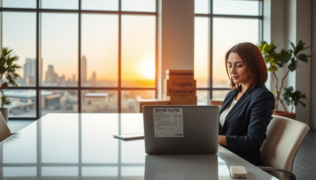 A serene office setting showcasing a professional moving company atmosphere. In the foreground, a confident businesswoman in professional attire sits at a sleek desk, reviewing a detailed moving quote on a laptop. The middle ground features a well-organized workspace with moving boxes labeled 'Fragile' and 'Essential' stacked neatly, representing a stress-free moving experience. In the background, large windows reveal a sunny Austin skyline merging into the Lubbock landscape, symbolizing the journey between the two cities. Soft natural lighting creates an inviting ambiance, and a subtle depth of field highlights the quote on the screen. The overall mood is one of calm professionalism and trust, emphasizing clarity and preparation for a long-distance move. A serene office setting showcasing a professional moving company atmosphere. In the foreground, a confident businesswoman in professional attire sits at a sleek desk, reviewing a detailed moving quote on a laptop. The middle ground features a well-organized workspace with moving boxes labeled 'Fragile' and 'Essential' stacked neatly, representing a stress-free moving experience. In the background, large windows reveal a sunny Austin skyline merging into the Lubbock landscape, symbolizing the journey between the two cities. Soft natural lighting creates an inviting ambiance, and a subtle depth of field highlights the quote on the screen. The overall mood is one of calm professionalism and trust, emphasizing clarity and preparation for a long-distance move.