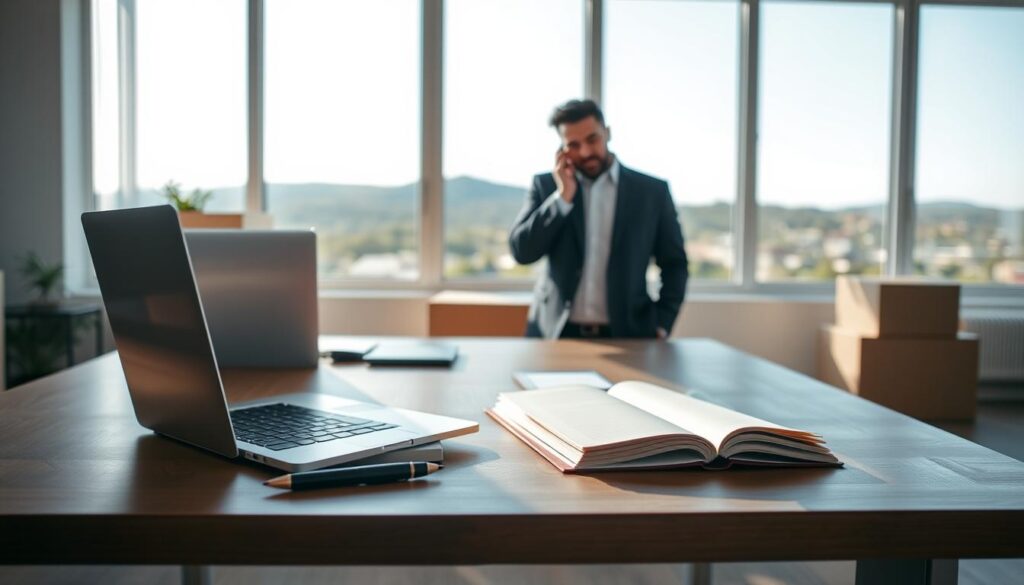 A serene office setting with a wooden desk in the foreground, showcasing a neatly organized workspace featuring a laptop, a pen, and an open notebook displaying notes. In the middle ground, include a friendly, professional-looking person in business attire, attentively discussing a custom moving quote with an unseen client on the phone. The background reveals a large window overlooking a bright, sunny landscape of Austin, Texas, with distant hills and a clear blue sky. Soft, natural light pours in, creating a warm and inviting atmosphere. The focus should highlight the interaction and professionalism of the moving service, and the overall mood is optimistic and reassuring, emphasizing trust and clarity in the moving process.