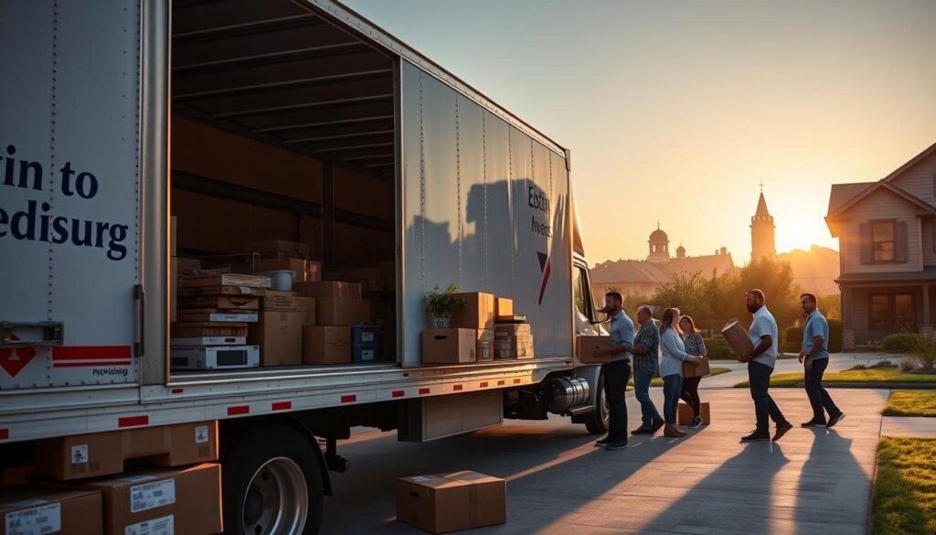 A serene portrayal of the moving process from Austin to Edinburg, showcasing a picturesque scene. In the foreground, a neat, organized moving truck adorned with "Austin to Edinburg Movers" on its side, surrounded by stacked boxes and packing materials. In the middle ground, a diverse team of moving professionals in smart casual attire, carefully loading boxes into the truck, demonstrating teamwork and efficiency. In the background, a typical Austin home with a welcoming doorway and greenery, transitioning into a distant view of Edinburg's charming architecture under a clear, sunny sky. Golden hour lighting casts a warm glow, creating an atmosphere of optimism and conversion. The angle is slightly elevated, capturing both the truck and the lively action of the team, accentuating the sense of movement and progress.