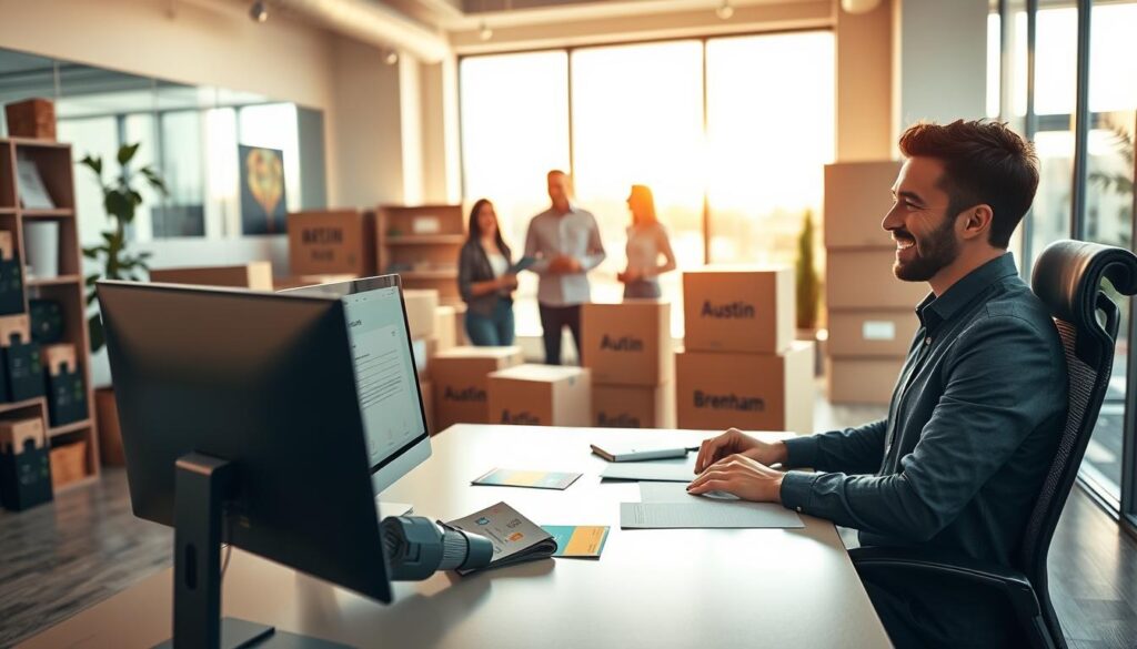 A serene scene depicting a bustling moving company office environment. In the foreground, a friendly moving consultant in professional attire is sitting at a modern desk, smiling and gesturing toward a computer screen displaying a "Get a Quote" form. In the middle ground, customers with a sense of anticipation are discussing their upcoming move, surrounded by colorful brochures and moving boxes labeled "Austin" and "Brenham". In the background, large windows let in warm, natural light, illuminating the space with a welcoming glow. The atmosphere is upbeat and professional, conveying reliability and trustworthiness, with soft focus elements. The image should evoke a sense of readiness and excitement about moving.