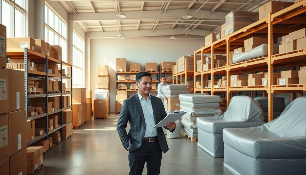 A spacious, clean storage facility filled with neatly arranged wooden shelves stocked with various boxes, labeled and organized for easy access. In the foreground, a professional, well-dressed moving consultant stands confidently, reviewing a clipboard, embodying the essence of reliable service. The middle ground features stacks of boxes and furniture covered in protective wraps, demonstrating the importance of safe storage. The background showcases large, bright windows allowing daylight to flood the room, casting soft shadows that create an inviting atmosphere. The overall mood is one of efficiency, professionalism, and trust, captured with a warm and natural lighting scheme to evoke comfort and security. The image is framed from a slightly elevated angle for a comprehensive view of the storage space, ensuring a clean and clear composition.