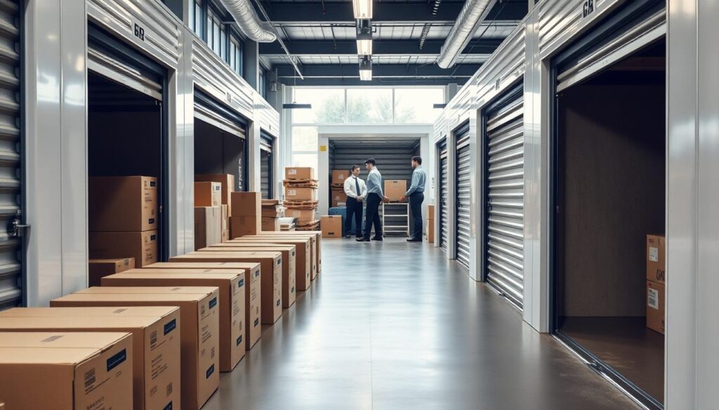A spacious, modern storage facility with rows of neatly organized storage units in the foreground, showcasing a variety of sized boxes and furniture items carefully packed. In the middle ground, a professional moving team, dressed in smart uniforms, is loading items into a climate-controlled storage unit, highlighting secure and efficient storage services. The background features a well-lit, clean environment with large windows allowing natural daylight to pour in, enhancing the feeling of security and safety. The atmosphere conveys professionalism and reliability, evoking a sense of peace of mind for both short- and long-term storage needs. The scene is captured in a wide-angle shot to emphasize the spaciousness and efficiency of the storage facilities.