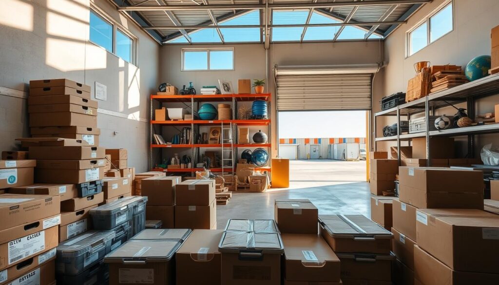 A spacious, well-organized storage facility situated between Austin and San Antonio. In the foreground, various moving boxes and labeled containers are stacked neatly, showcasing a range of storage options. The middle ground features sturdy shelving units brimming with household items, decor, and sports equipment. In the background, large rolling doors provide a glimpse of the outdoor area, with a clear blue sky above. Soft, natural light filters through windows, creating a bright and welcoming atmosphere. The wide-angle lens captures depth and perspective, emphasizing the vastness of the space. The mood is calm and efficient, highlighting the practicality of storage solutions for those in the moving process.