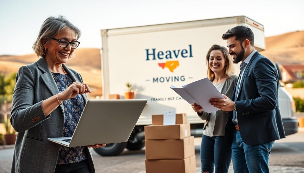 A vibrant and engaging scene showing a diverse group of smiling customers happily sharing their moving experiences. In the foreground, a middle-aged woman in a smart casual outfit animatedly points to her laptop, where glowing reviews are displayed. Beside her, a young couple dressed in business casual attire exchanges excited looks while reviewing documents from Heavenly Moving. In the middle ground, a cheerful moving truck (branded with a friendly logo) is parked, surrounded by carefully stacked boxes and plants. The background features a sunny Texas Hill Country setting with rolling hills and quaint homes, bathed in warm, natural light, creating an inviting atmosphere. The composition should convey satisfaction and trust, highlighting the positive impact of the moving service. Focus on a slightly angled view to capture both the interactions and the background.