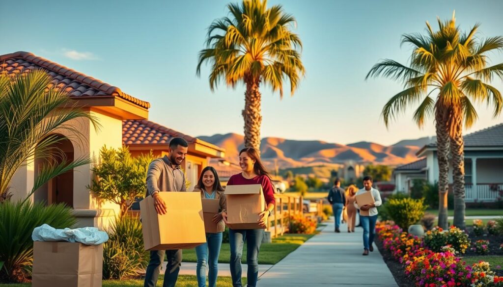 A vibrant scene of a welcoming neighborhood in McAllen, Texas, captured during golden hour with soft, warm lighting. In the foreground, a friendly family of four, dressed in modest, casual clothing, is unpacking boxes in front of a charming, single-story home with a tile roof and lush greenery. They are smiling and interacting with neighbors, showcasing a sense of community. In the middle ground, palm trees line the sidewalk, and colorful flowers bloom in well-tended yards. The background features rolling hills under a clear blue sky, with hints of vintage architecture typical of South Texas. The overall atmosphere conveys warmth, friendliness, and the excitement of settling into a new home.