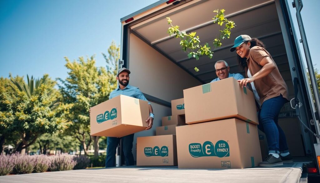 A vibrant scene showcasing a group of professional movers engaged in community commitment and sustainability efforts. In the foreground, three diverse individuals wearing smart, casual clothing are efficiently loading eco-friendly moving boxes into a truck, with the emphasis on teamwork and collaboration. The middle ground features a green park filled with trees and shrubs, symbolizing nature and sustainability. In the background, a clear blue sky enhances the mood, illuminating the scene with warm, natural light. The camera angle is slightly low, focusing on the movers while capturing the surrounding environment, conveying a sense of community spirit and dedication to environmental care. The atmosphere is positive and uplifting, reflecting commitment and cooperation.