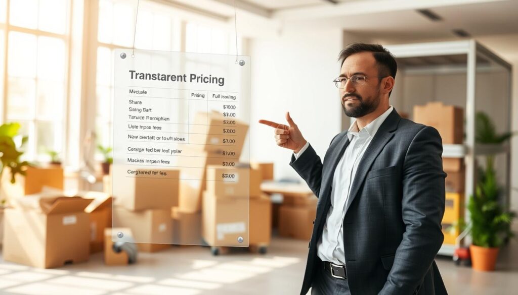 A visually clear and engaging scene depicting transparent pricing in the context of moving services. In the foreground, a professional-looking moving consultant in a crisp business attire stands confidently, pointing at a large, transparent sheet with clear, itemized pricing displayed, indicating no hidden fees. The middle ground features boxes and moving supplies, arranged neatly to suggest organization and efficiency. In the background, a bright and airy office environment with large windows provides natural lighting, creating a warm, inviting atmosphere. Use a 35mm lens perspective to ensure focus on the consultant and pricing sheet, with a depth of field that softly blurs the moving supplies. The mood is informative and reassuring, emphasizing the clarity and straightforwardness of the pricing. A visually clear and engaging scene depicting transparent pricing in the context of moving services. In the foreground, a professional-looking moving consultant in a crisp business attire stands confidently, pointing at a large, transparent sheet with clear, itemized pricing displayed, indicating no hidden fees. The middle ground features boxes and moving supplies, arranged neatly to suggest organization and efficiency. In the background, a bright and airy office environment with large windows provides natural lighting, creating a warm, inviting atmosphere. Use a 35mm lens perspective to ensure focus on the consultant and pricing sheet, with a depth of field that softly blurs the moving supplies. The mood is informative and reassuring, emphasizing the clarity and straightforwardness of the pricing.