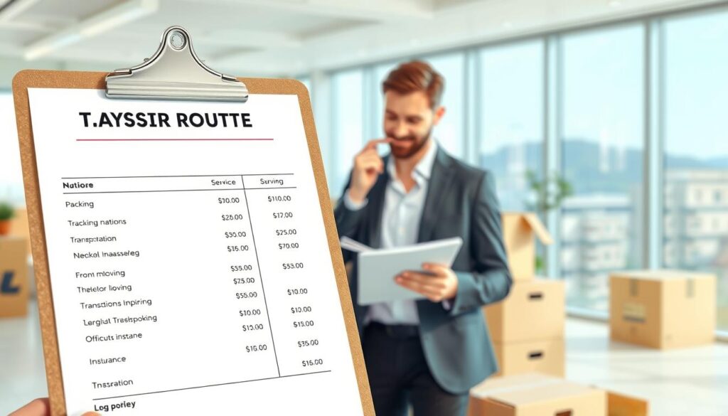 A visually engaging illustration depicting a transparent cost quote for moving services. In the foreground, a clean and organized clipboard with a detailed cost breakdown, featuring clear bullet points showcasing prices for services such as packing, transportation, and insurance. The middle ground includes a friendly professional in business attire, analyzing the quotes with a thoughtful expression, surrounded by moving boxes. The background features a bright, modern office space with large windows that allow natural light to flood the room, enhancing a feeling of transparency and trust. The atmosphere is calm and reassuring, suggesting a stress-free experience for long-distance moving. The image should be well-lit with soft shadows, shot from a slight angle to emphasize the clipboard and the professional's engagement.