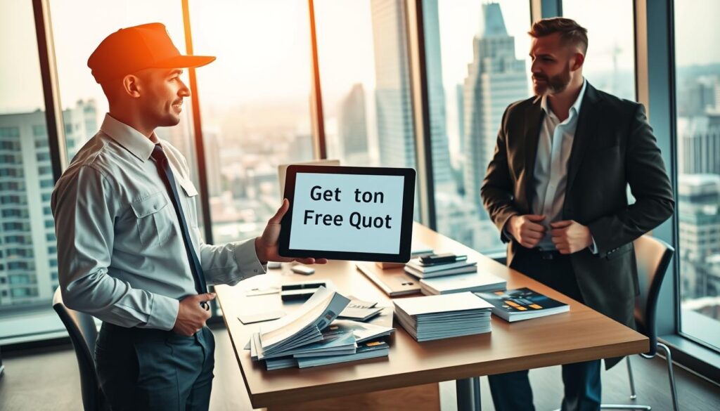 A visually striking scene depicting a modern office setting where a professional mover in a neat uniform is engaged in a conversation with a potential client. In the foreground, the mover is presenting a sleek tablet displaying the phrase “Get Free Quote” prominently, while the client, dressed in smart casual attire, appears engaged and interested. In the middle ground, a stylish desk cluttered with moving brochures and business cards enhances the theme of relocation services. The background shows a large window with a view of a bustling urban landscape, symbolizing the Austin to Houston route, bathed in warm, natural light to create an inviting atmosphere. The image captures a sense of professionalism and readiness, with a focus on trust and reliability in moving services. A visually striking scene depicting a modern office setting where a professional mover in a neat uniform is engaged in a conversation with a potential client. In the foreground, the mover is presenting a sleek tablet displaying the phrase “Get Free Quote” prominently, while the client, dressed in smart casual attire, appears engaged and interested. In the middle ground, a stylish desk cluttered with moving brochures and business cards enhances the theme of relocation services. The background shows a large window with a view of a bustling urban landscape, symbolizing the Austin to Houston route, bathed in warm, natural light to create an inviting atmosphere. The image captures a sense of professionalism and readiness, with a focus on trust and reliability in moving services.