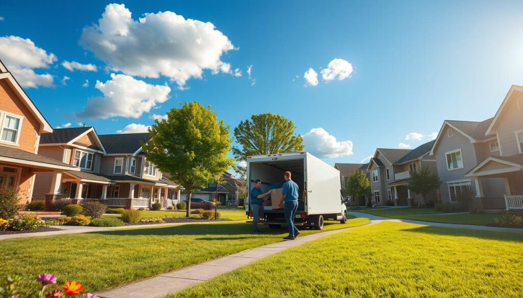 A warm and inviting suburban neighborhood scene showcasing a variety of homes, including single-family houses, charming townhomes, and modern apartments, all harmoniously integrated into the landscape. In the foreground, a well-kept lawn with vibrant flowers and a welcoming pathway leads to a front door, symbolizing comfort and security. The middle ground features two movers, dressed in professional attire, carefully loading items into a moving truck parked nearby. In the background, tall leafy trees and a blue sky with fluffy white clouds create a serene atmosphere. The sunlight casts a soft golden glow, enhancing the feeling of warmth and community. The angle captures the depth of the neighborhood, emphasizing the ease and accessibility of residential moves.